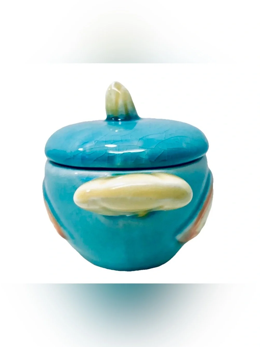Vintage Blue Bird Yellow Tailed Lidded Crackle Glaze Ceramic Trinket Box Jar